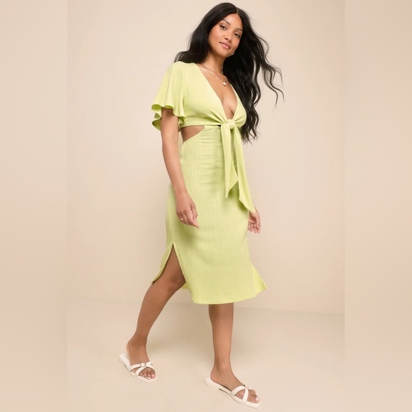 Summer Journey Light Green Tie-Front Cutout Midi Dress vacation Size large - Picture 8 of 8